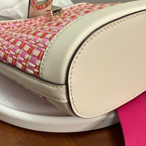 LIKE NEW KATE SPADE New York Audrey Pink Raffia Tweed Mini Bucket Crossbody - Picture 8 of 9